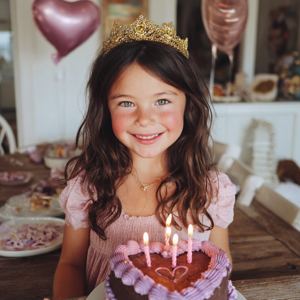 Uśmiechnięta dziewczynka przed tortem urodzinowym