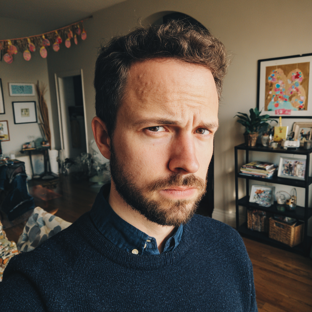 Mężczyzna ubrany w granatowy sweter, wyglądający na zagniewanego