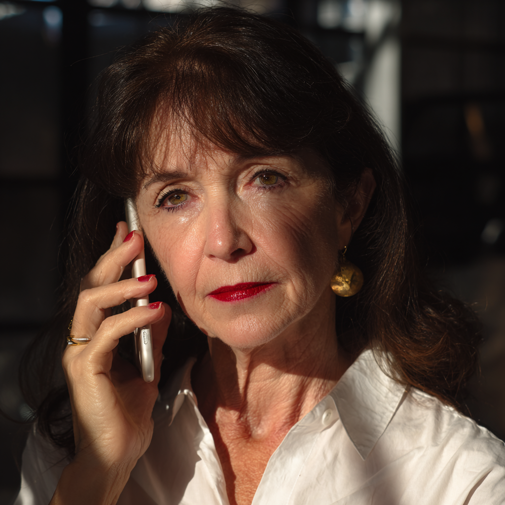 Starsza kobieta rozmawiająca przez telefon, zamyślona
