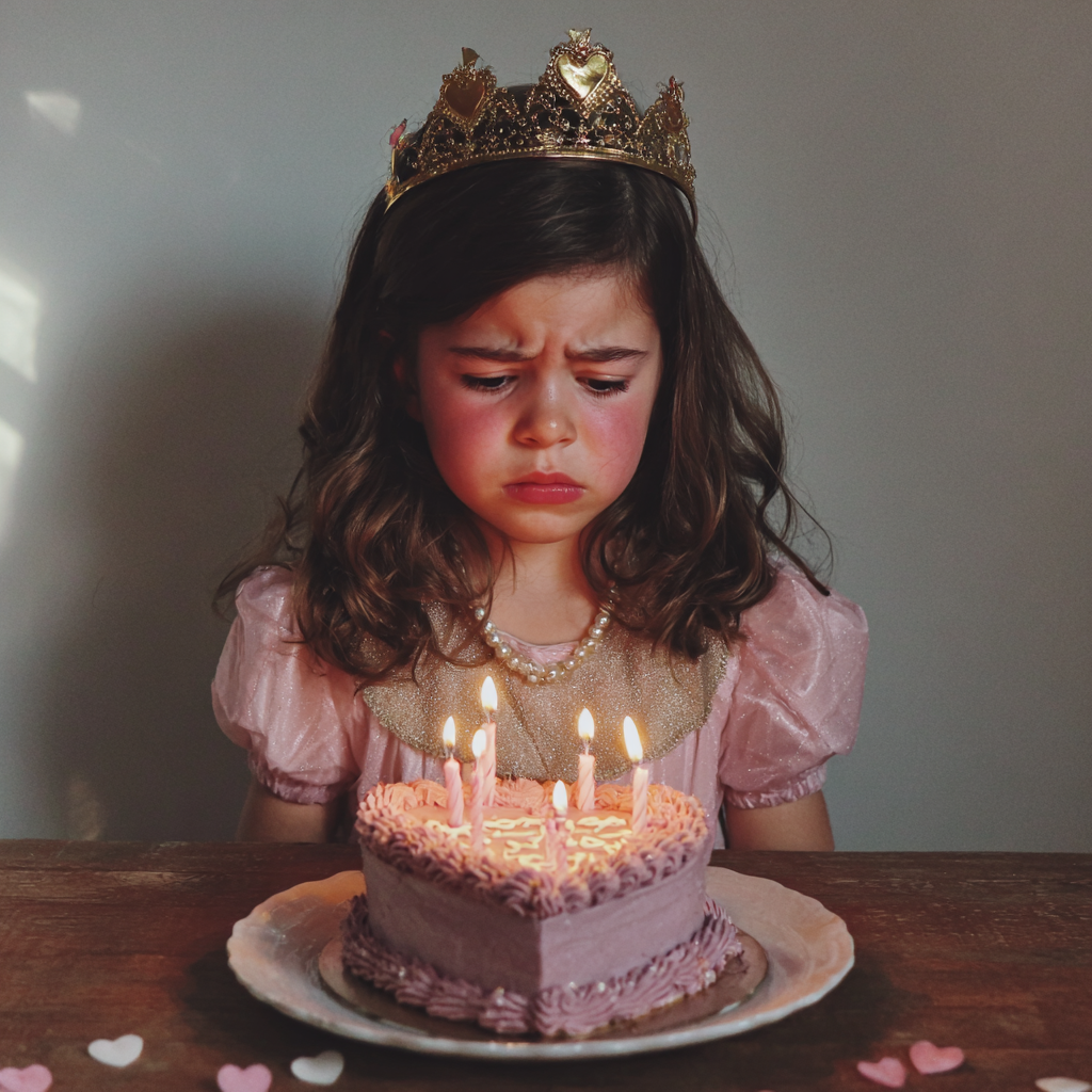 Zmartwiona dziewczynka patrząca na tort urodzinowy