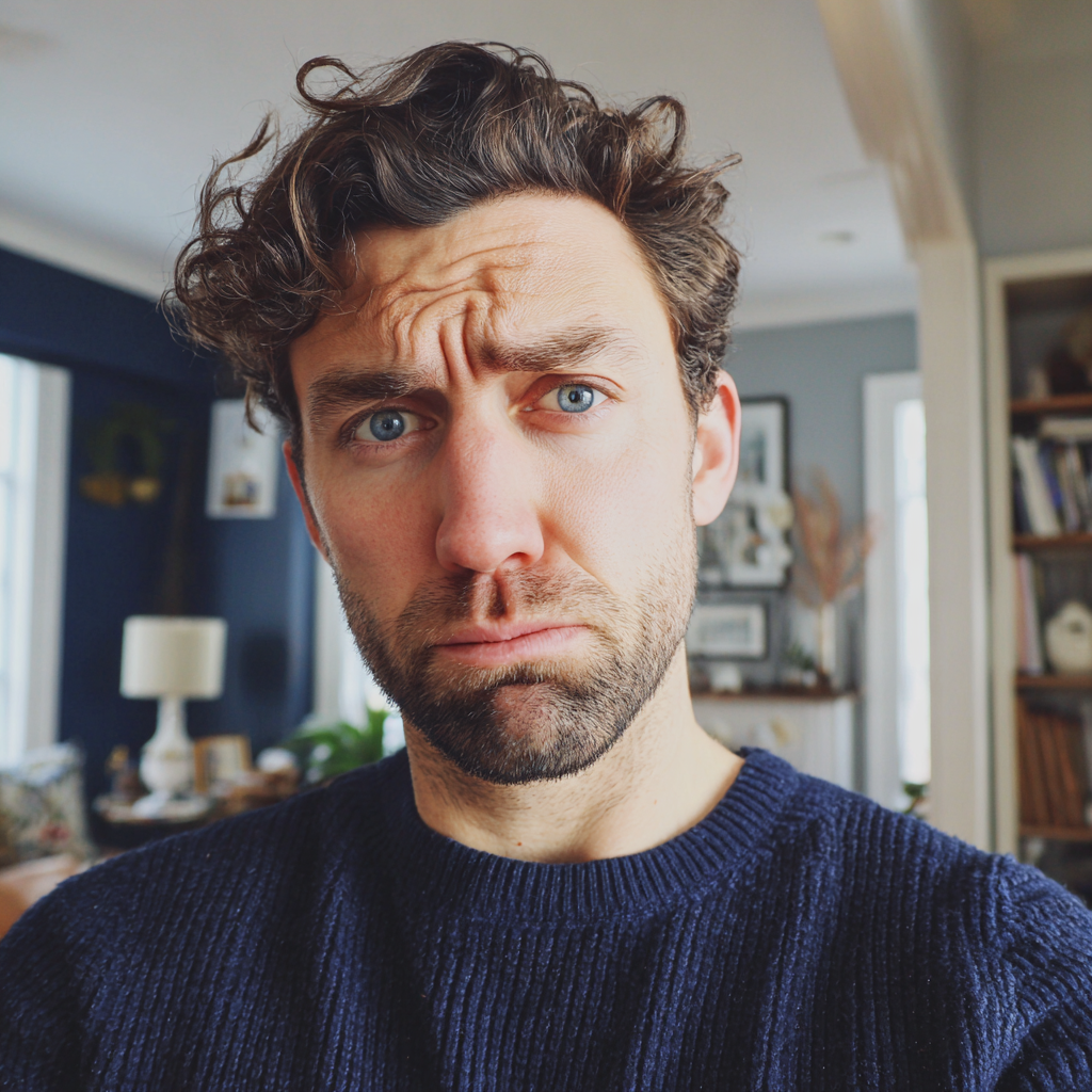 Mężczyzna zmartwiony, ubrany w granatowy sweter