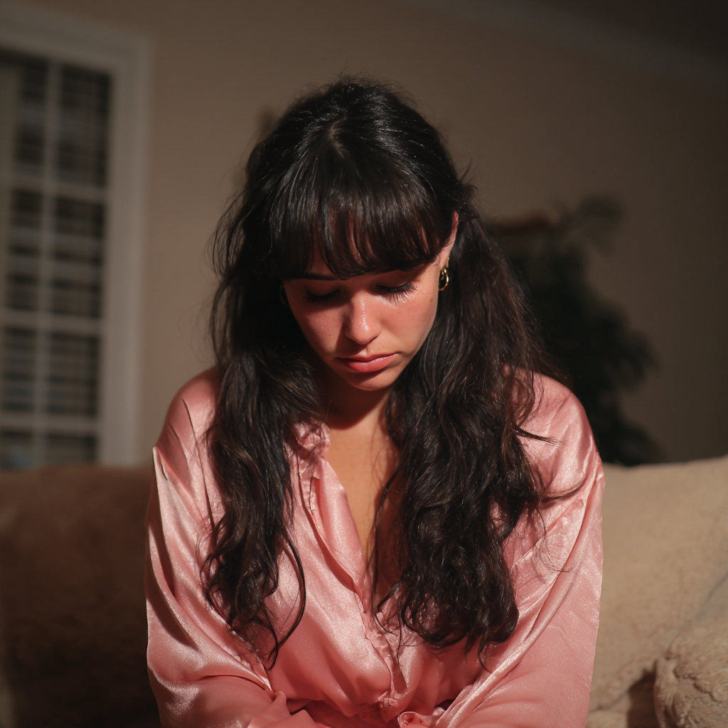 Zmartwiona kobieta siedząca na kanapie w różowej bluzce