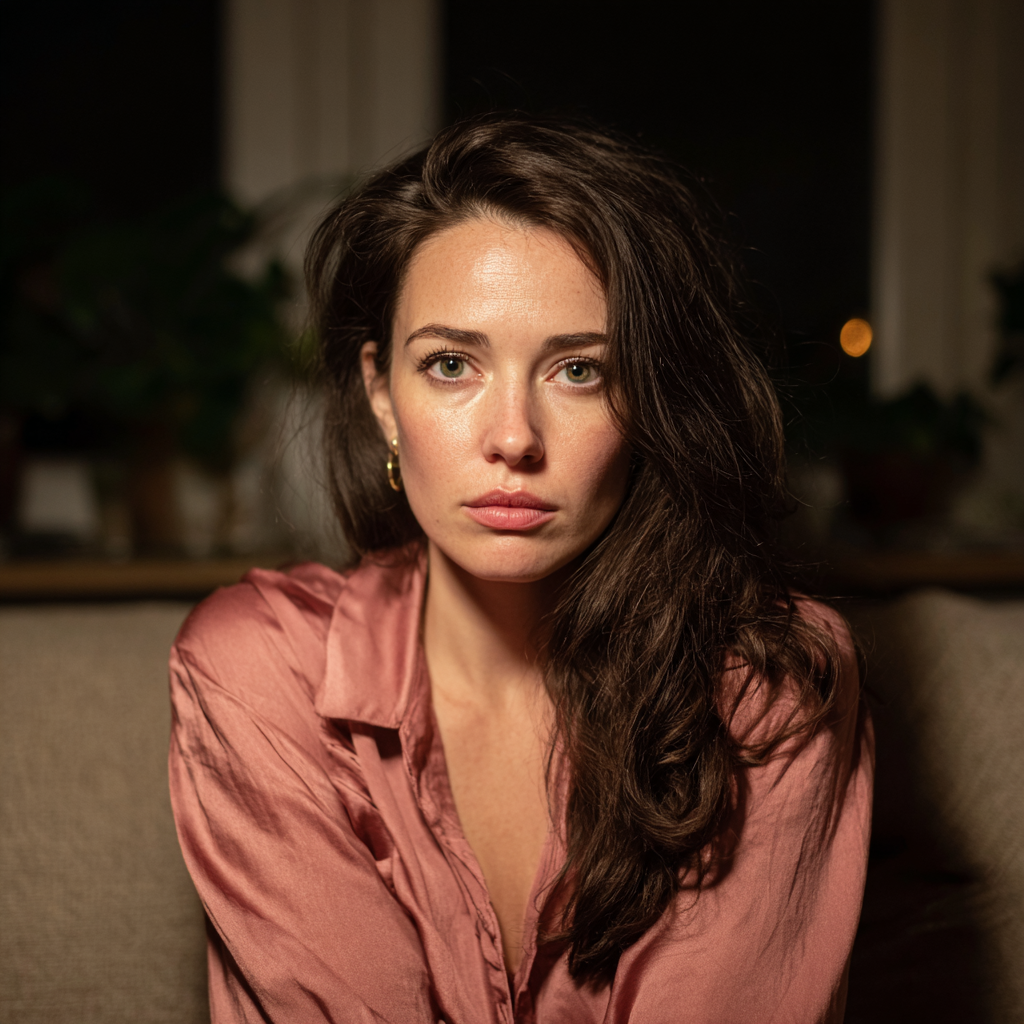 Zadumana kobieta siedząca na kanapie