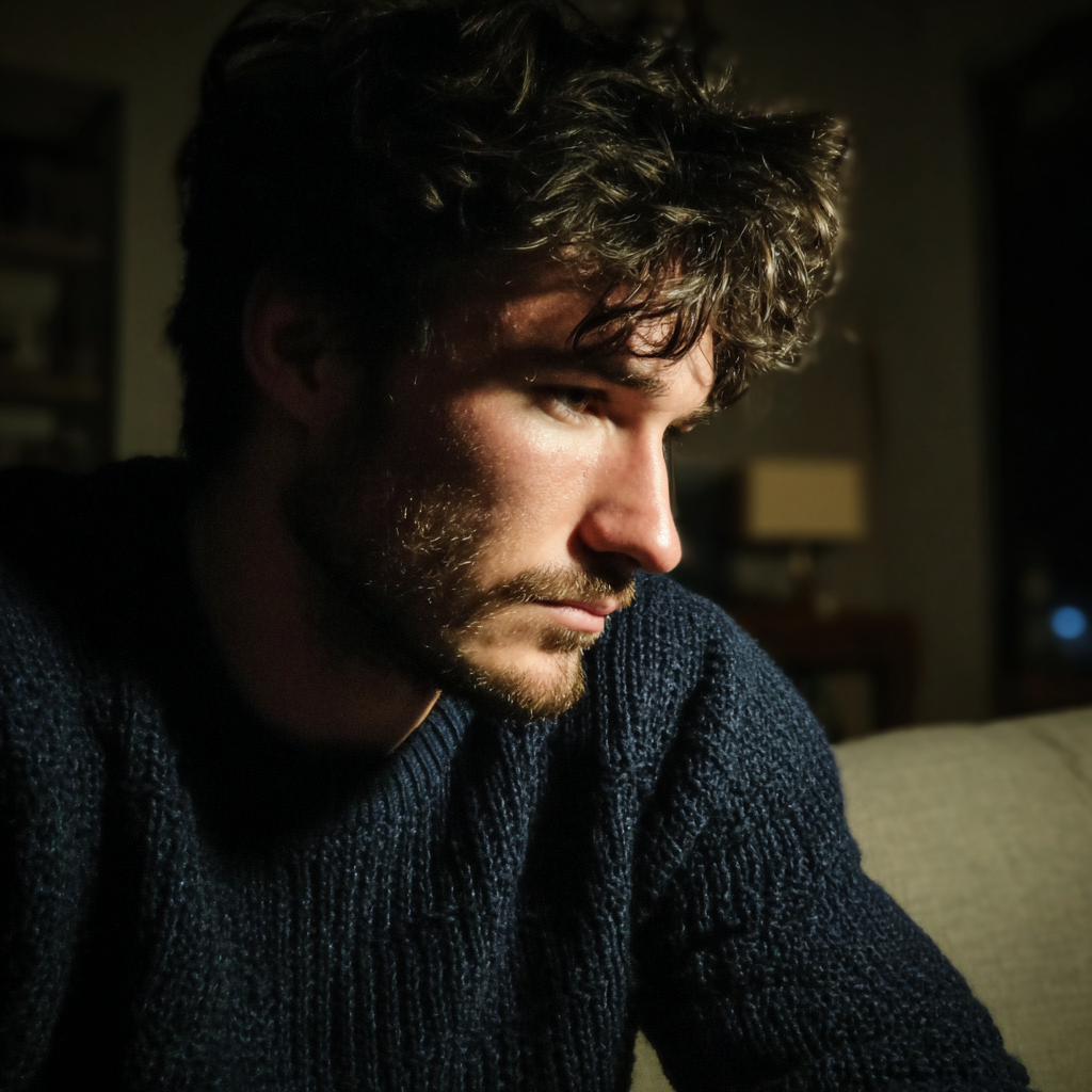 Zamyslony mężczyzna siedzący na kanapie