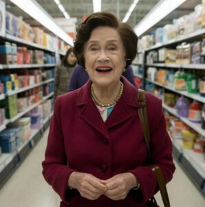 Starsza kobieta prosząca o jedzenie przed supermarketem