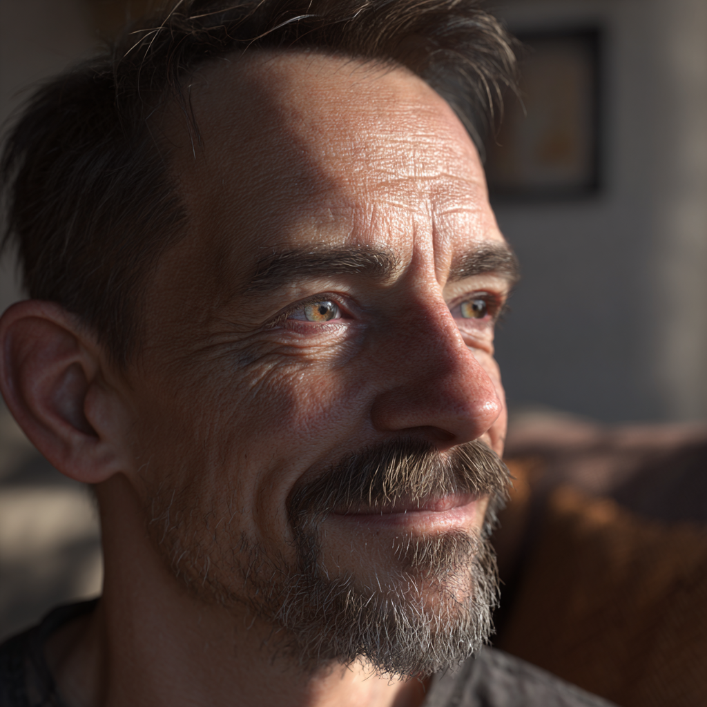 Mężczyzna w średnim wieku patrzący na kogoś | Source : Midjourney