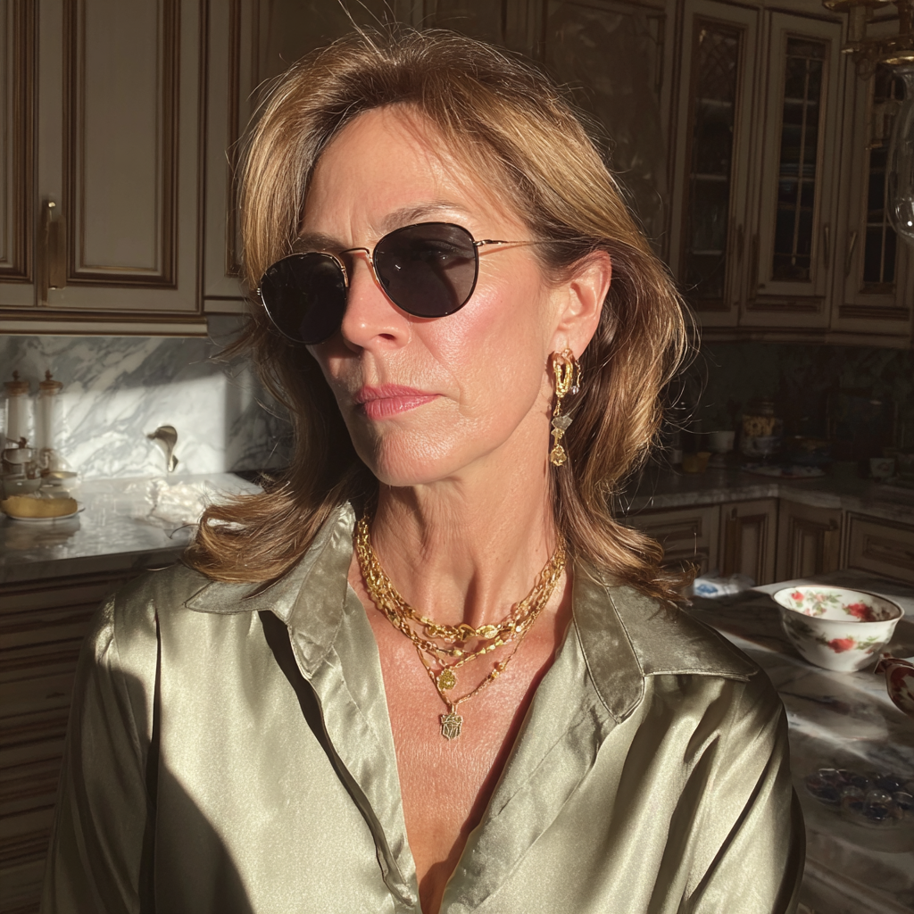 An annoyed older woman wearing sunglasses