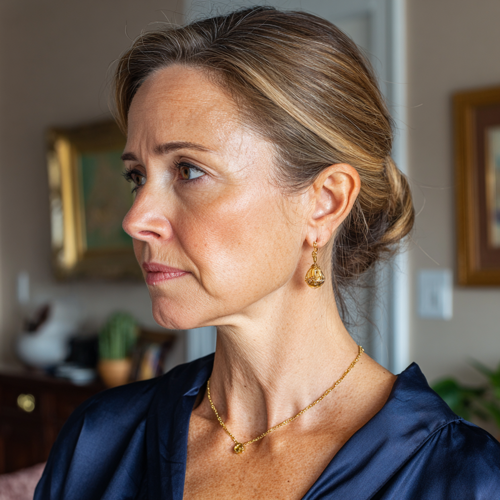 A woman wearing a navy blouse