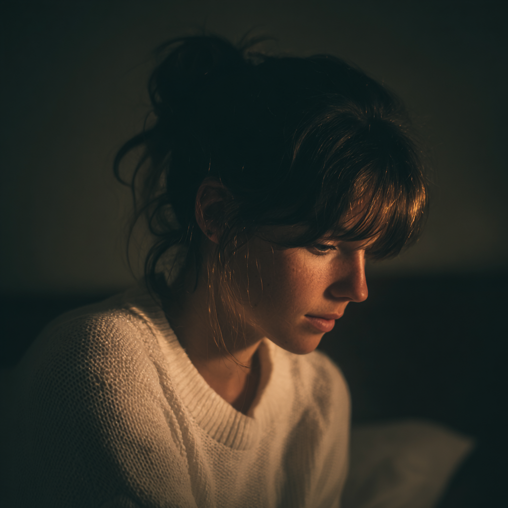 An emotional woman sitting on a bed