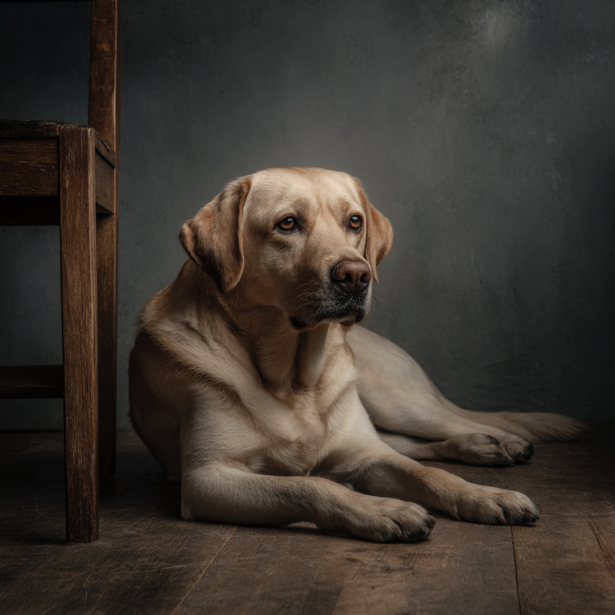 A dog lying next to a chair | Source: Midjourney